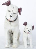 TWO HAND PAINTED CAST METAL HMV DOG MONEY BANKS