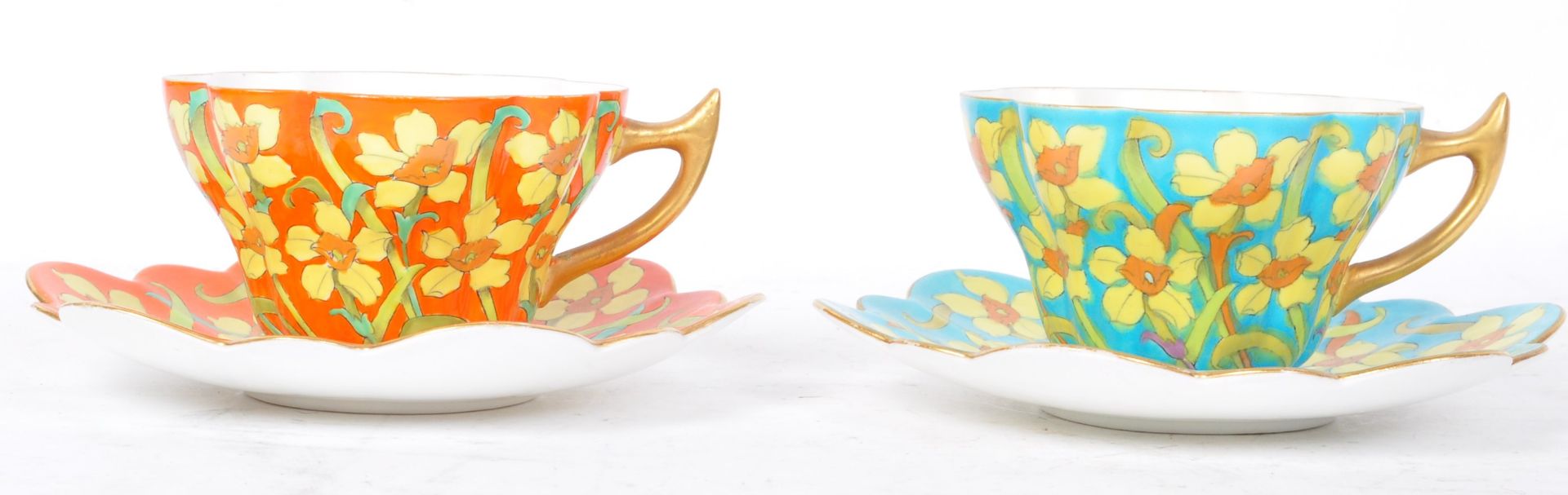 PAIR OF FOLEY / WILEMAN CHINA ART DECO POLYCHROME FLORAL TEA CUPS