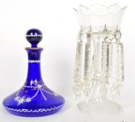 19TH CENTURY CRYSTAL GLASS LUSTRE & COBALT GLASS DECANTER