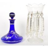 19TH CENTURY CRYSTAL GLASS LUSTRE & COBALT GLASS DECANTER