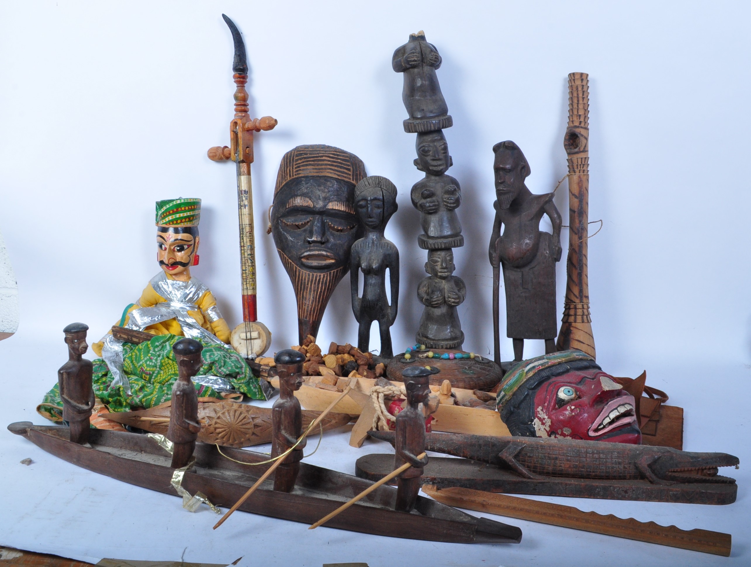 LARGE COLLECTION OF AFRICAN & ASIAN ITEMS - MASKS - INSTRUMENTS