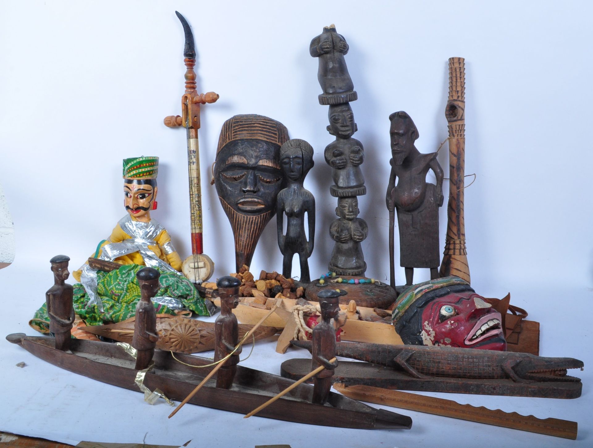 LARGE COLLECTION OF AFRICAN & ASIAN ITEMS - MASKS - INSTRUMENTS