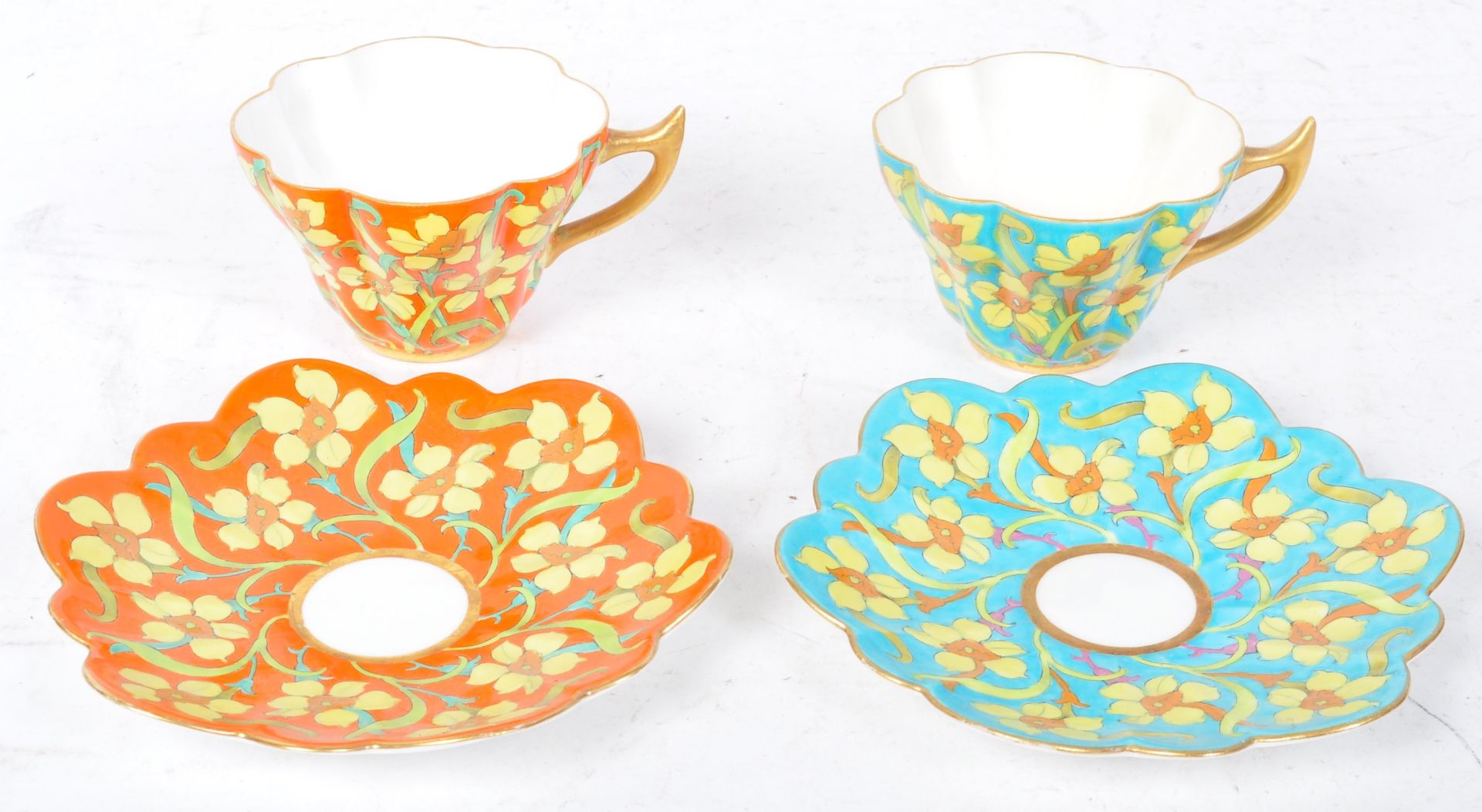 PAIR OF FOLEY / WILEMAN CHINA ART DECO POLYCHROME FLORAL TEA CUPS - Image 4 of 6