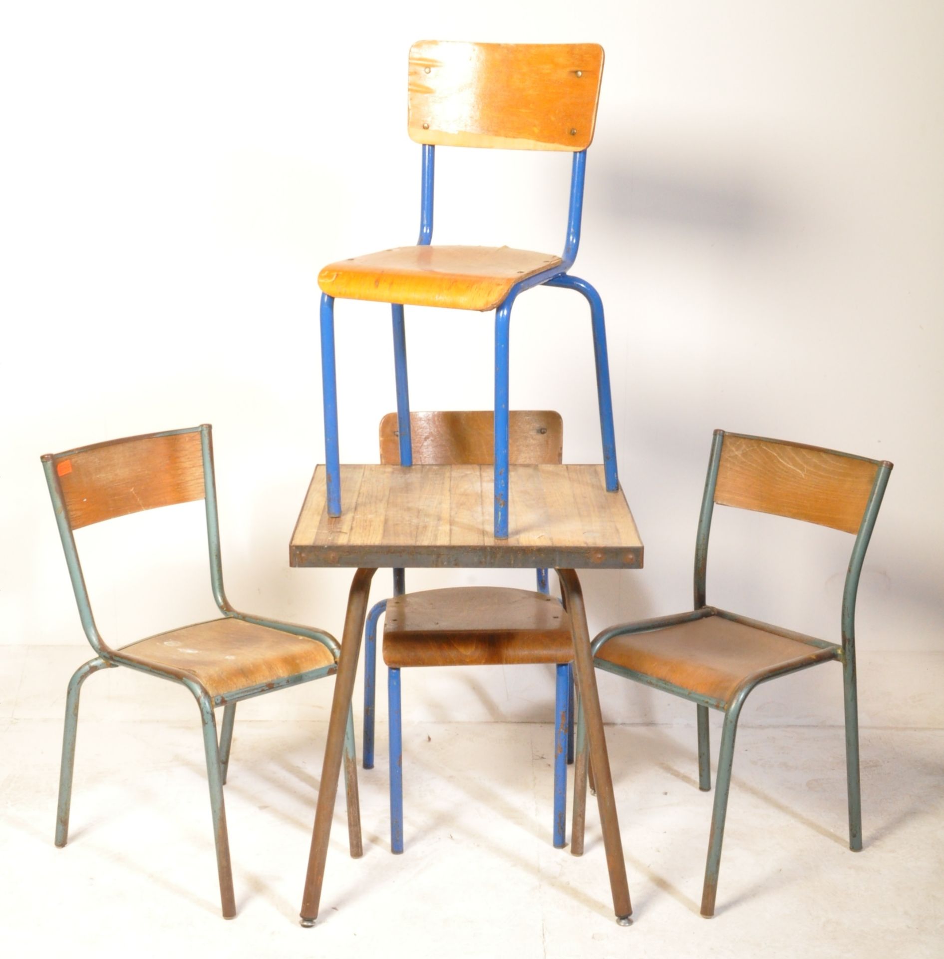 MID CENTURY PANEL WOOD CHAIRS AND INDUSTRIAL TABLE - Image 2 of 5