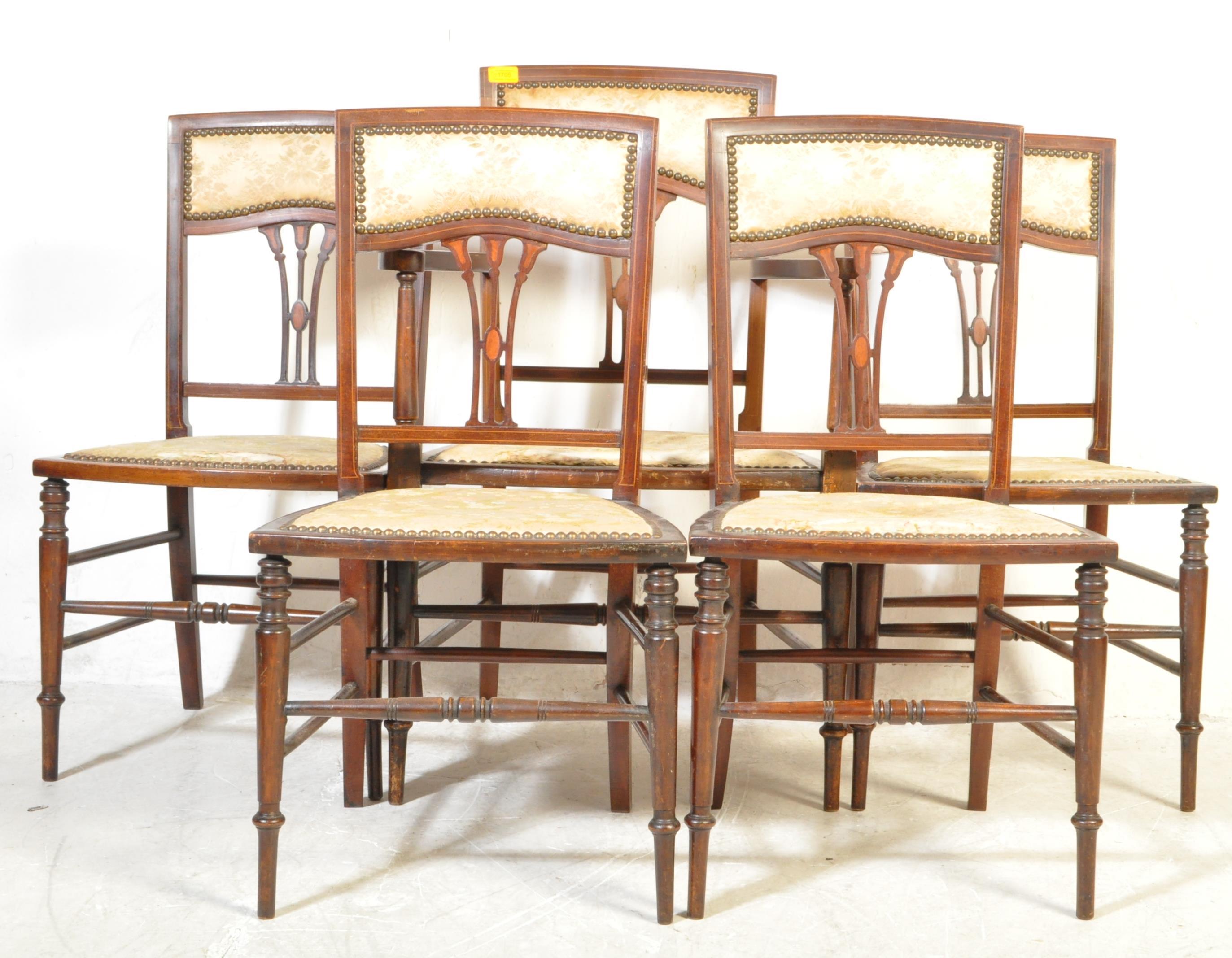 SET OF 5 EDWARDIAN MAHOGANY INLAID SALON DINING CHAIRS