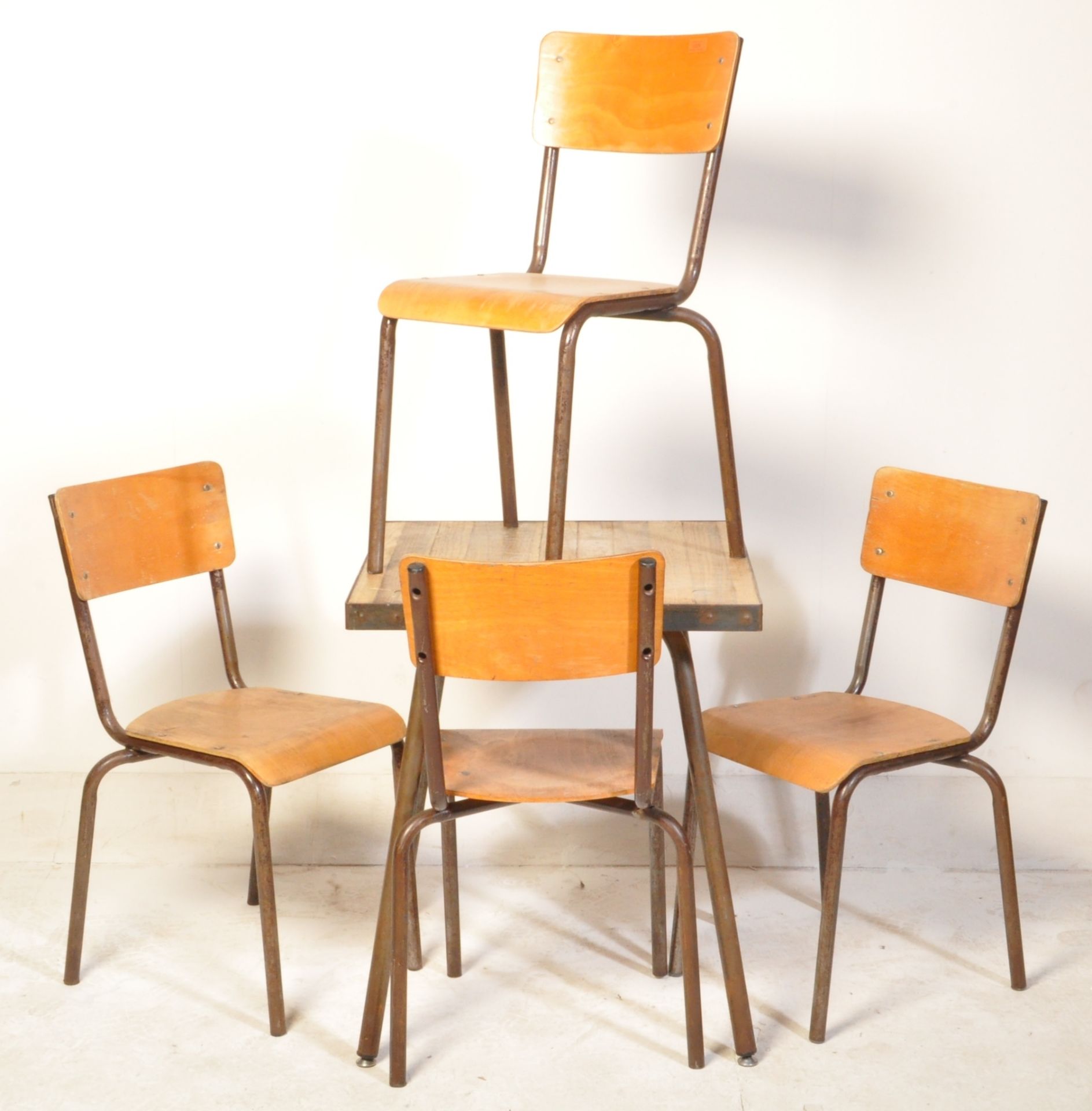 MID CENTURY PANEL WOOD CHAIRS AND INDUSTRIAL TABLE - Image 2 of 5