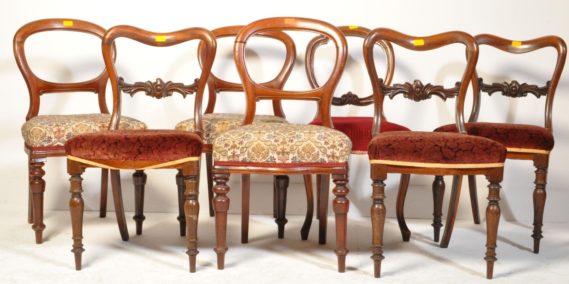 HARLEQUIN SET OF 7 VICTORIAN BALLOON & SADDLE BACK CHAIRS