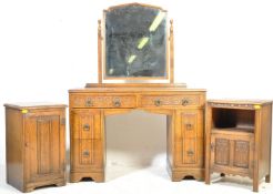 VINTAGE JACOBEAN REVICAL OAK DRESSING TABLE & BEDSIDE CABINETS