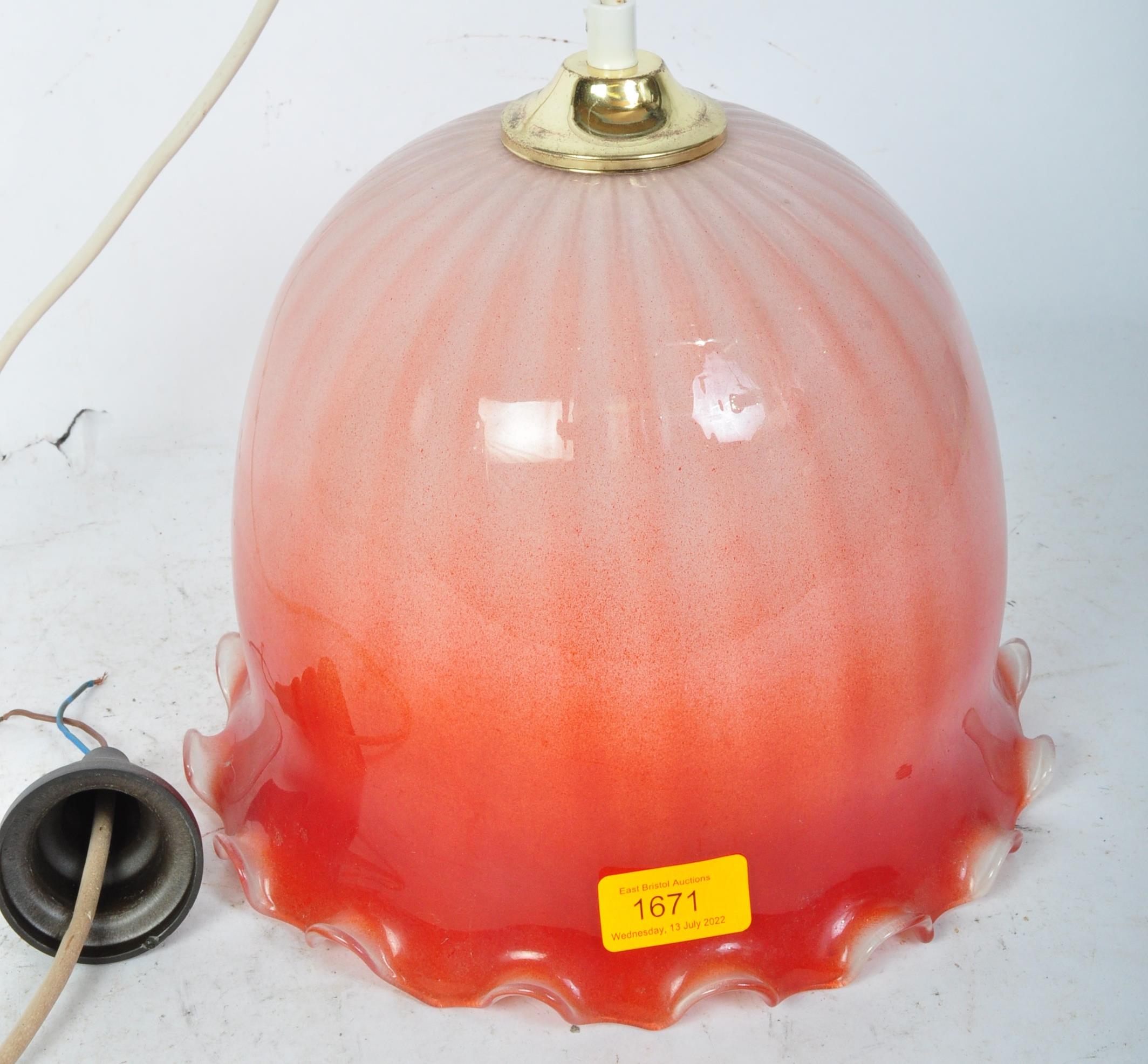 MID CENTURY RED / ORANGE GLASS LAMPSHADE ELECTROLIER - Image 3 of 4