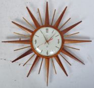 MID CENTURY TEAK WOOD SMITHS SUNBURST WALL CLOCK