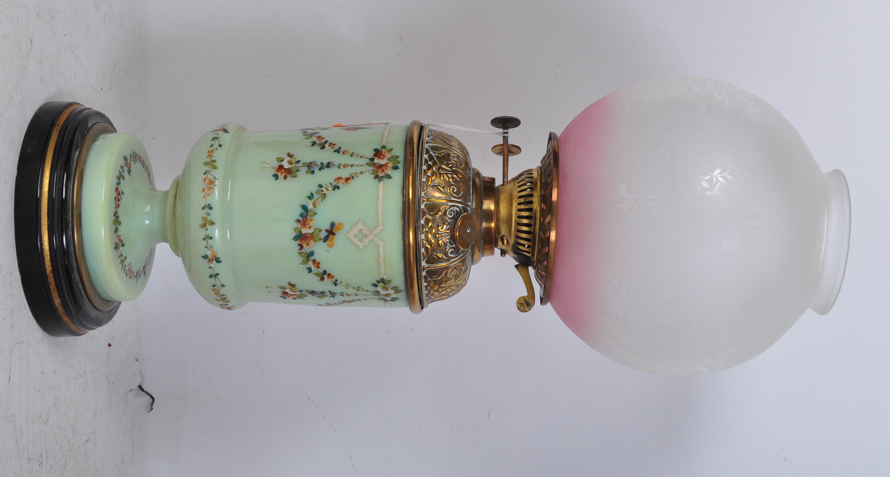 19TH CENTURY HAND PAINTED OPALINE GLASS OIL LAMP & SHADE