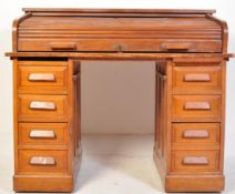EARLY 20TH CENTURY 1920S TAMBOUR FRONTED OAK ROLL TOP TWIN PEDESTAL DESK