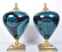 PAIR OF HOLLYWOOD REGENCY 1970S MALACHITE CERAMIC LAMP BASES