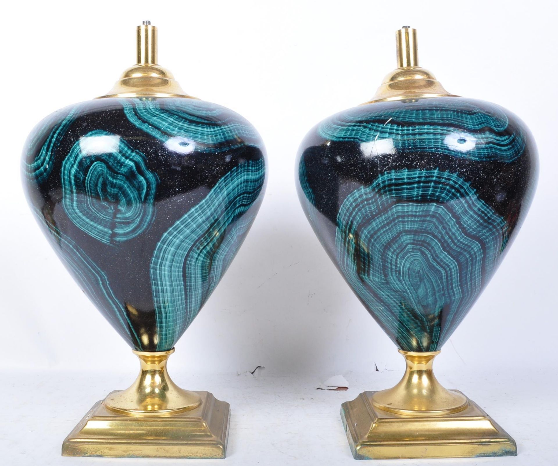 PAIR OF HOLLYWOOD REGENCY 1970S MALACHITE CERAMIC LAMP BASES