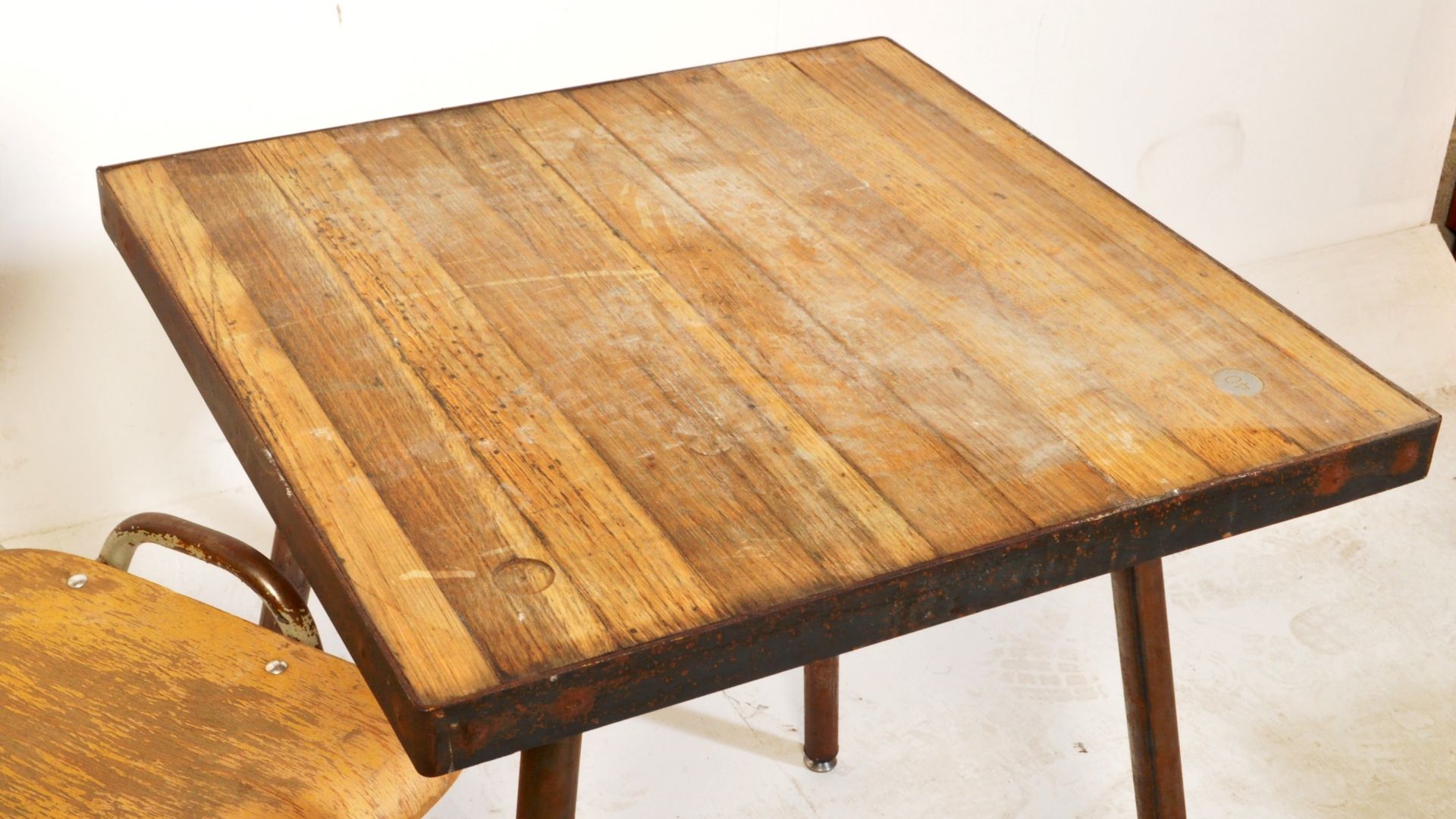 MID CENTURY PANEL WOOD CHAIRS AND INDUSTRIAL TABLE - Image 3 of 5