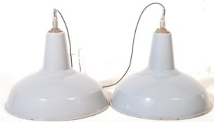 TWO MID CENTURY INDUSTRIAL GREY PENDANT CEILING LIGHTS