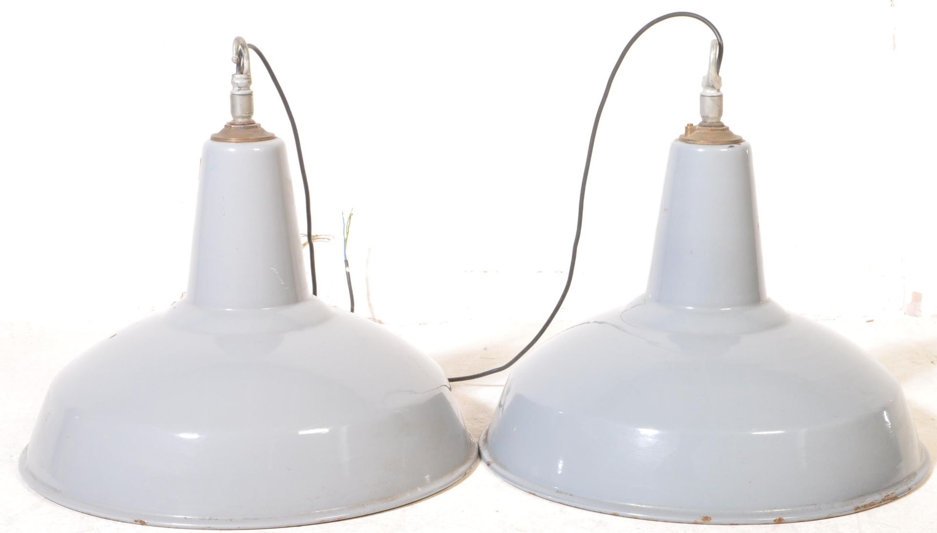 TWO MID CENTURY INDUSTRIAL GREY PENDANT CEILING LIGHTS