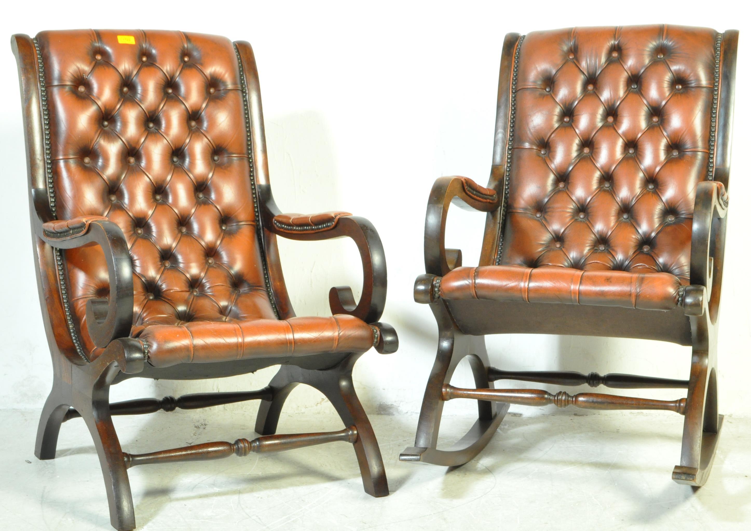 PAIR OF CHESTERFIELD LEATHER & MAHOGANY SLIPPER ARMCHAIRS