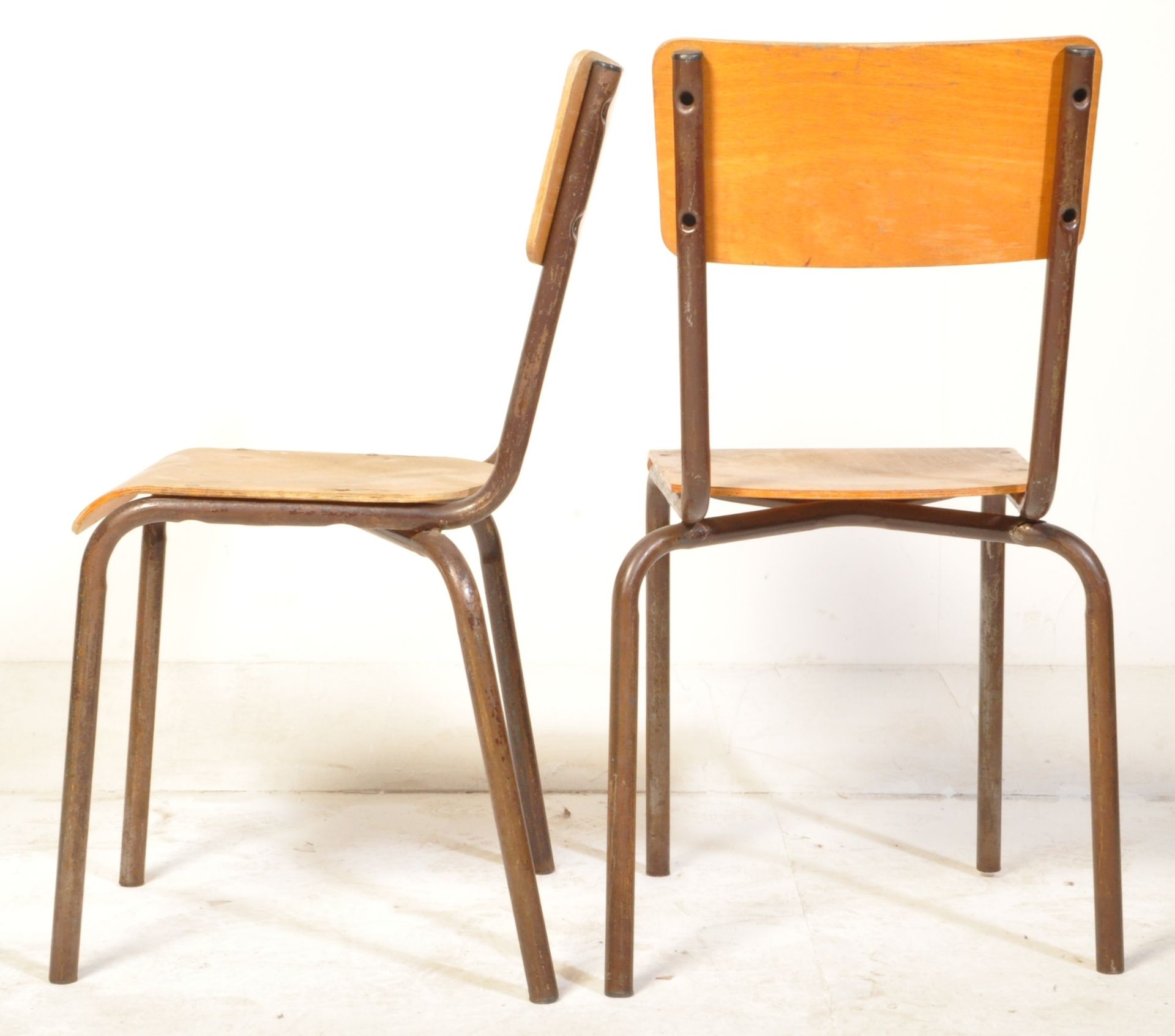 MID CENTURY PANEL WOOD CHAIRS AND INDUSTRIAL TABLE - Image 5 of 5