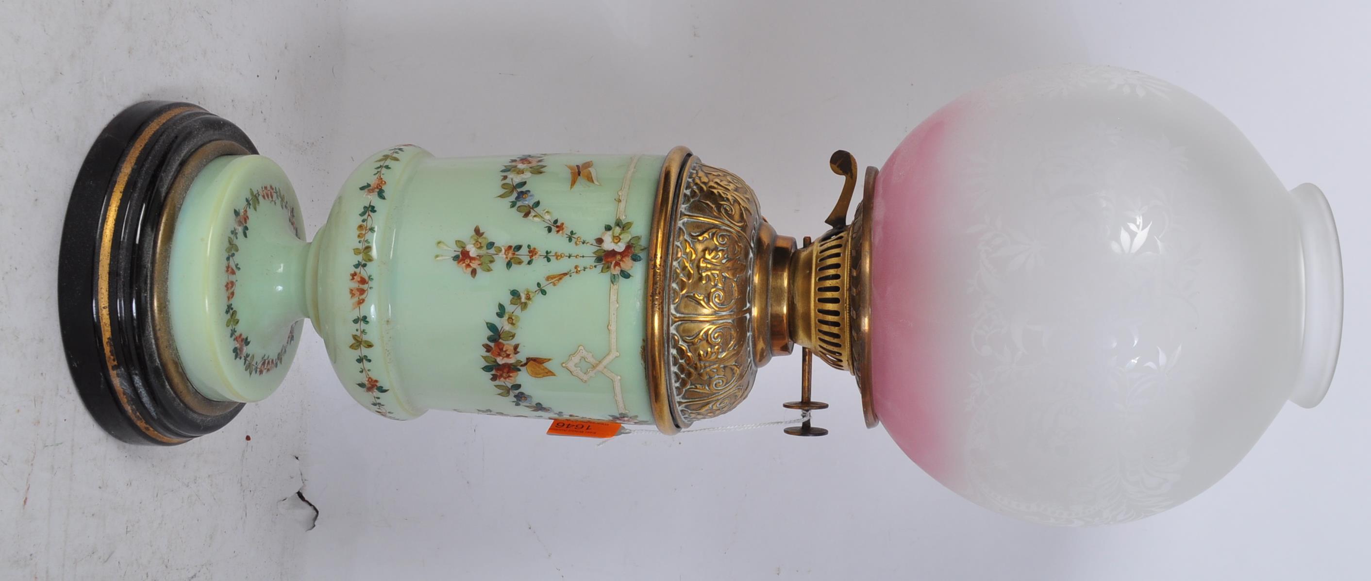 19TH CENTURY HAND PAINTED OPALINE GLASS OIL LAMP & SHADE - Image 2 of 5