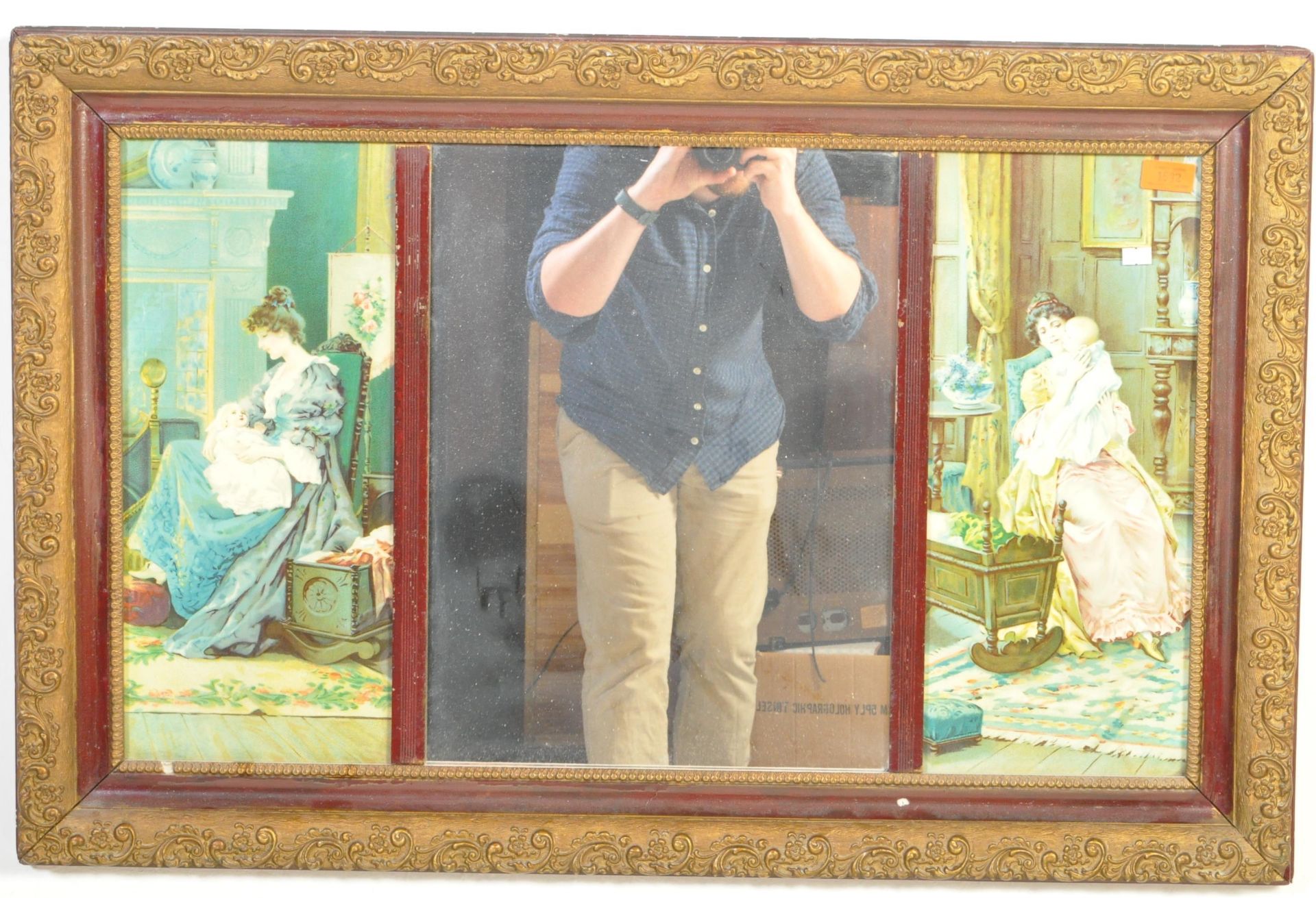 LARGE VINTAGE EVA HOLLYER GILT TRIPTYCH MIRROR