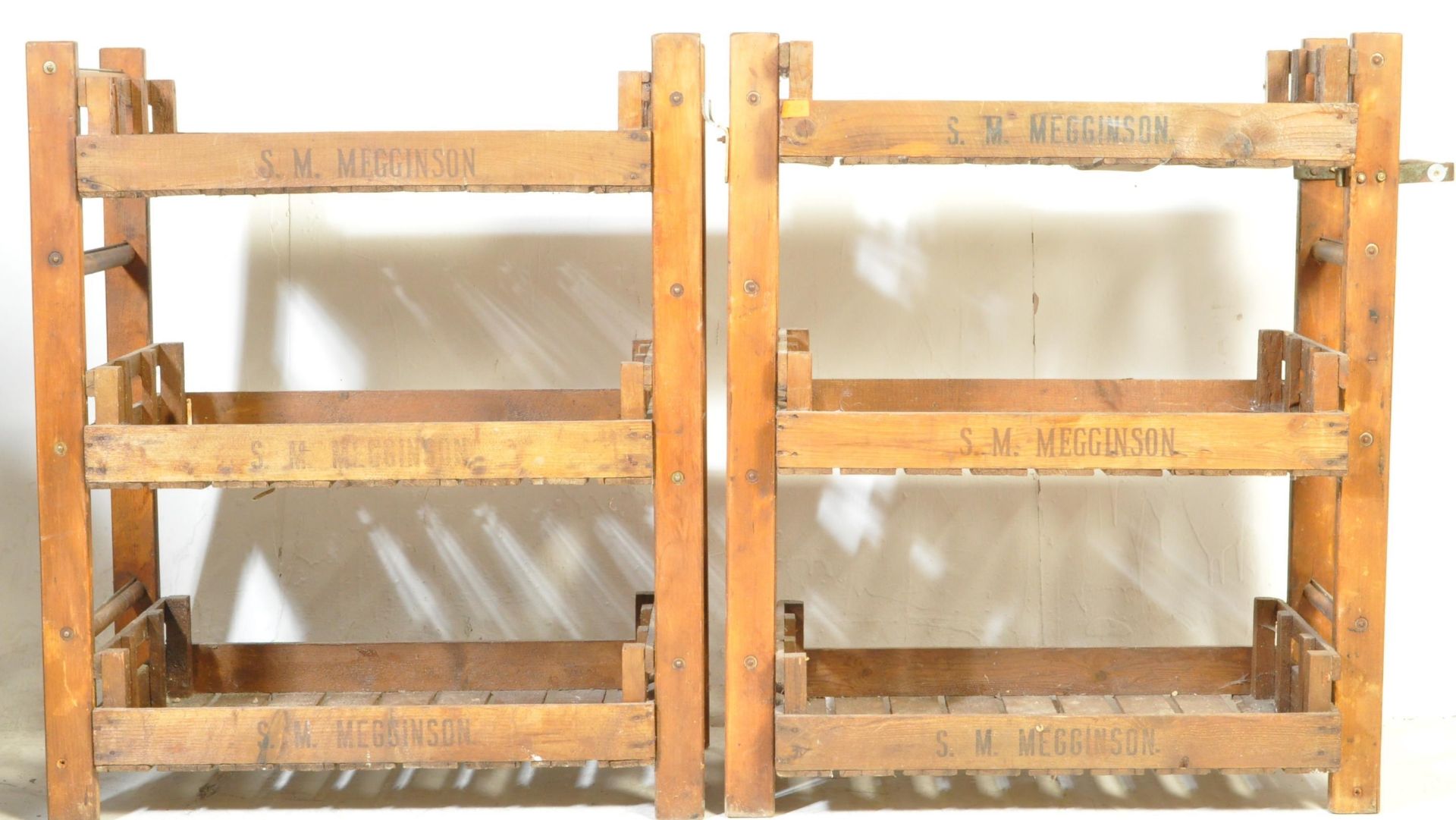 PAIR OF VINTAGE 20TH CENTURY UPCYCLED APPLE STORAGE WORK SHELVES