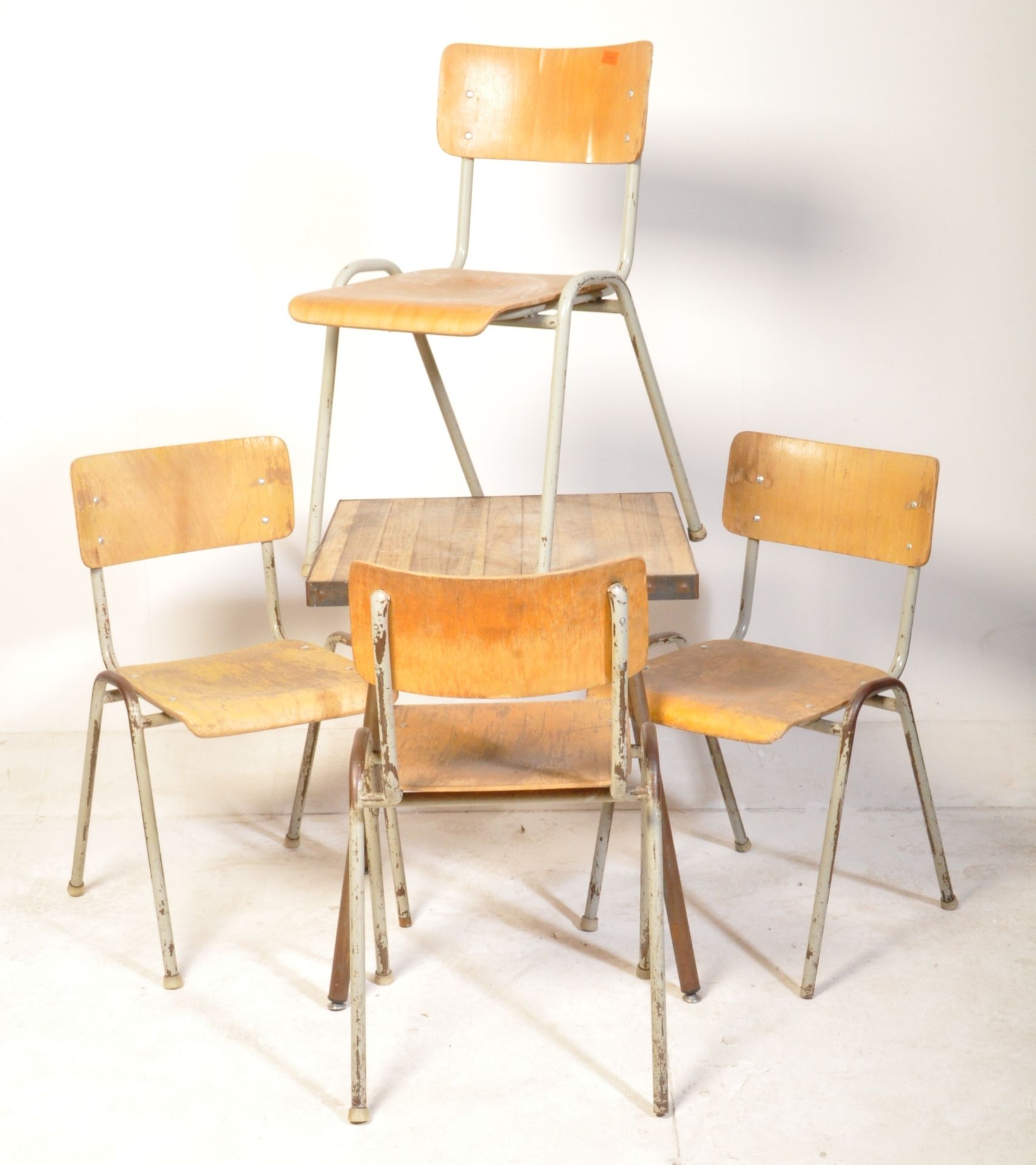 MID CENTURY PANEL WOOD CHAIRS AND INDUSTRIAL TABLE - Image 2 of 5