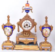 EARLY 20TH CENTURY FRENCH BRASS & BLUE ENAMEL GARNITURE CLOCK