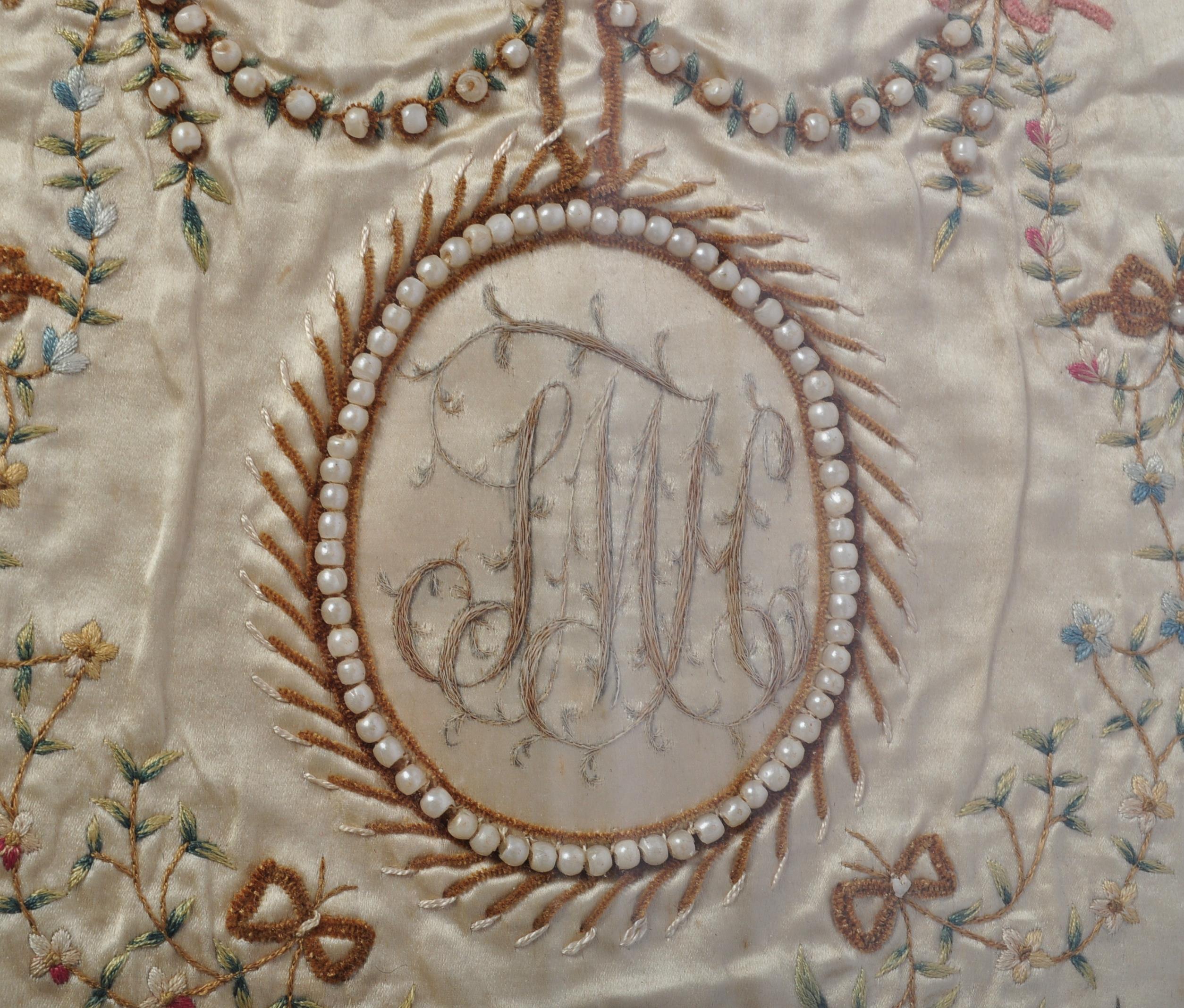 19TH CENTURY EMBROIDERED INITALS ON SILK PANEL - Image 2 of 7