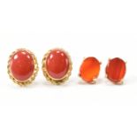 TWO PAIRS OF GOLD EARRINGS - CORAL & CARNELIAN