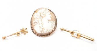 THREE 20TH CENTURY GOLD BROOCHES - CAMEO & BAR