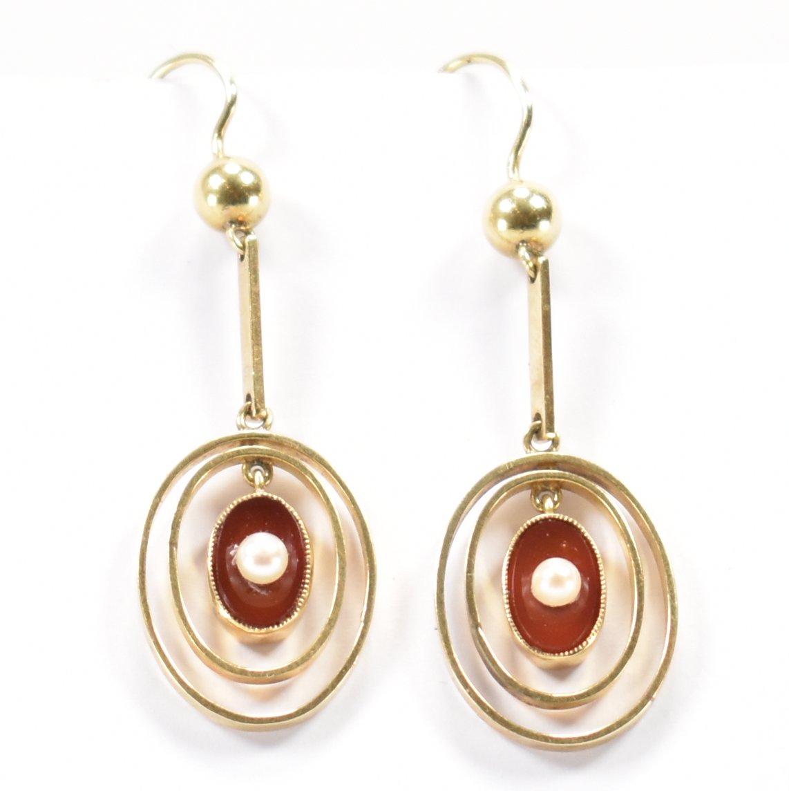 9CT GOLD AGATE & SEED PEARL DROP EARRINGS - Image 3 of 5