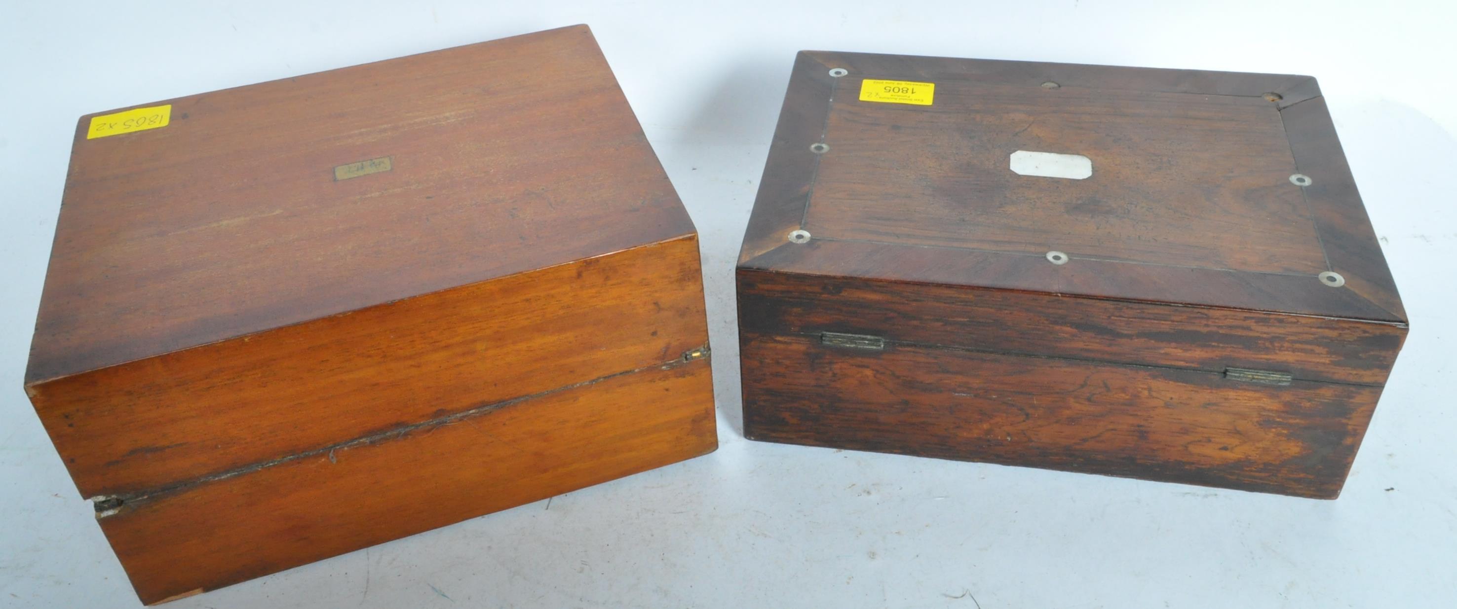 TWO EARLY 20TH CENTURY MAHOGANY INLAID WRITING SLOPES - Image 4 of 4