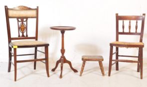 EDWARDIAN INLAID BEDROOM CHAIR, RUSH SEAT CHAIR & WINE TABLE