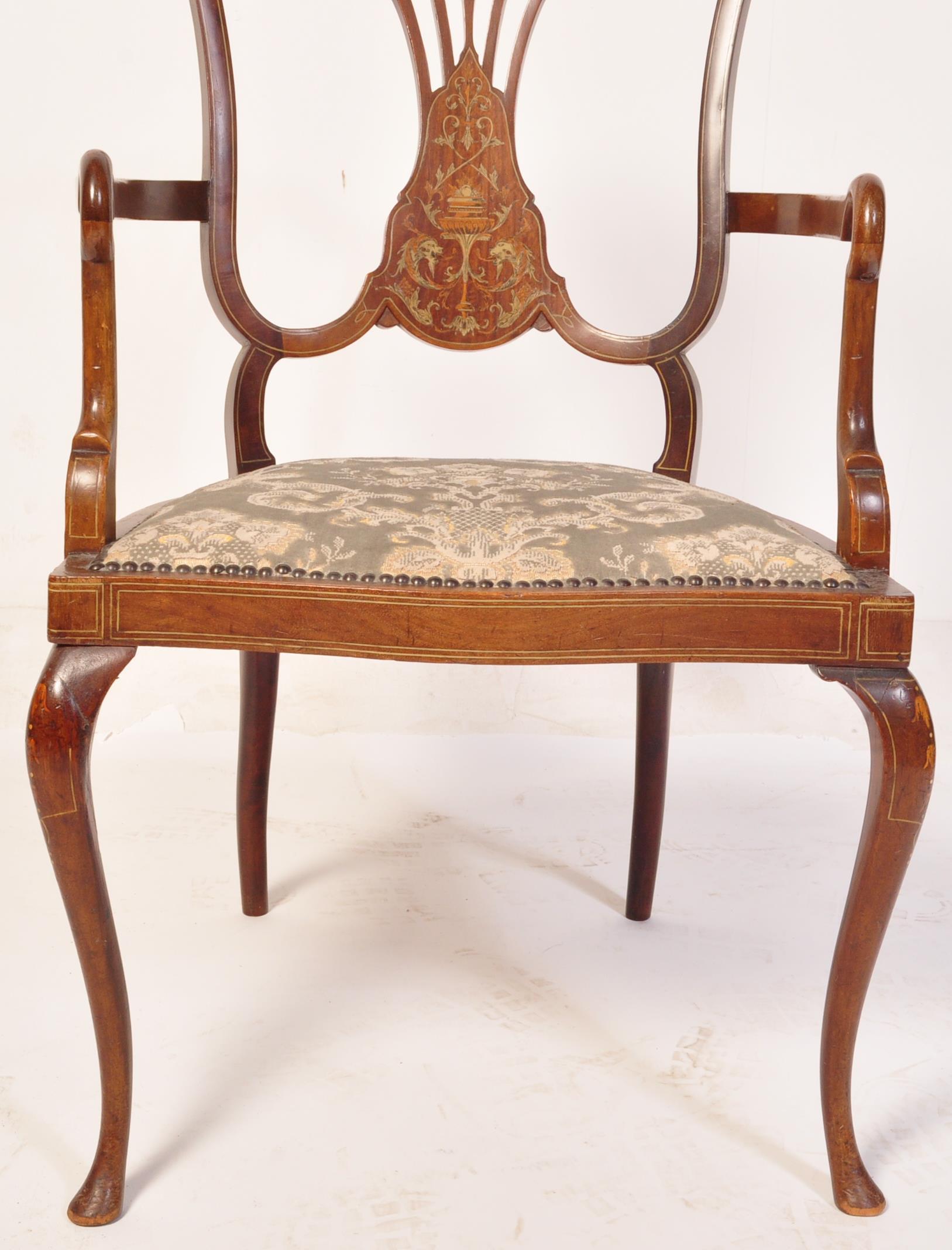 EDWARDIAN MAHOGANY AND MARQUETRY INLAID ARMCHAIR - Image 3 of 4