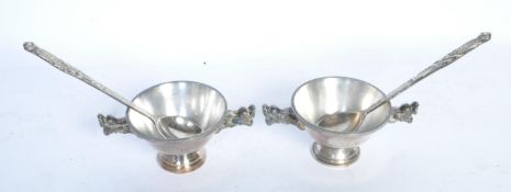 PAIR OF CHINESE SILVER PLATE EATING BOWLS & SPOONS