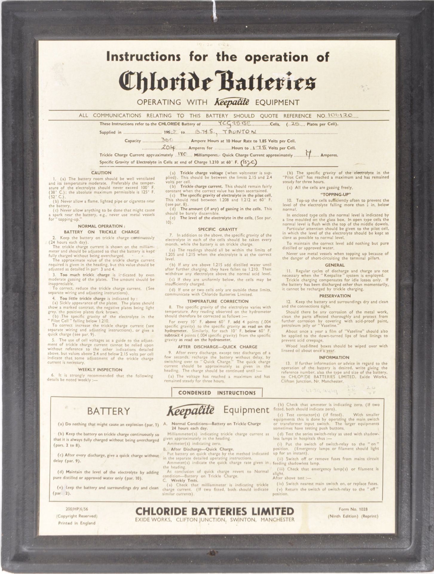 CHLORIDE BATTERIES - MID 20TH CENTURY CARDBOARD SIGN