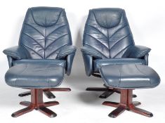 PAIR OF BLUE LEATHER SWIVEL LOUNGE CHAIRS AND FOOTSTOOLS