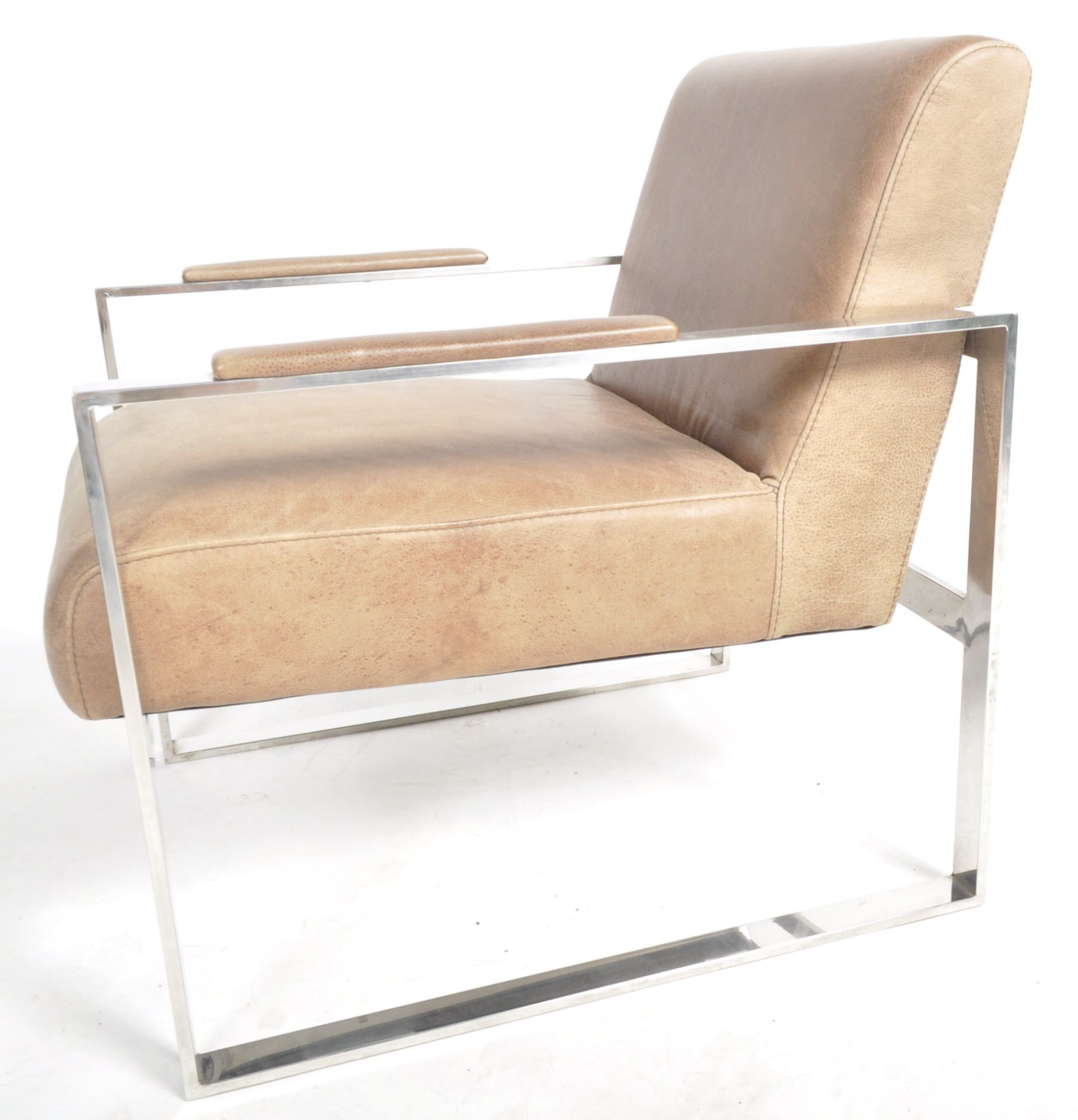 CONTEMPORARY CHROME AND BROWN LEATHER EASY CHAIR - Image 3 of 4
