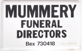 20TH CENTURY ADVERTISING SIGN FOR MUMMERY FUNERAL DIRECTORS