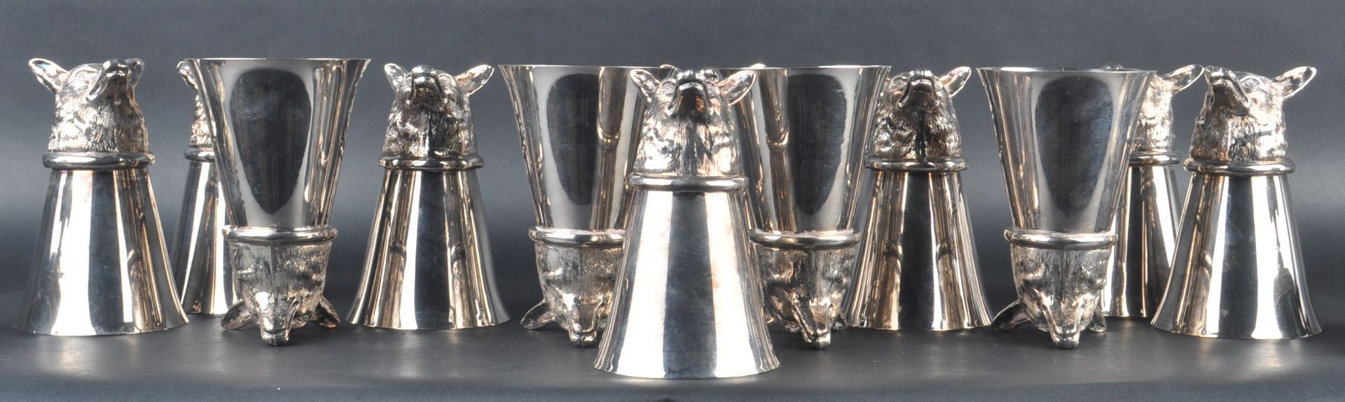 SET OF LARGE SILVER PLATED FOX HUNTING STIRRUP CUPS