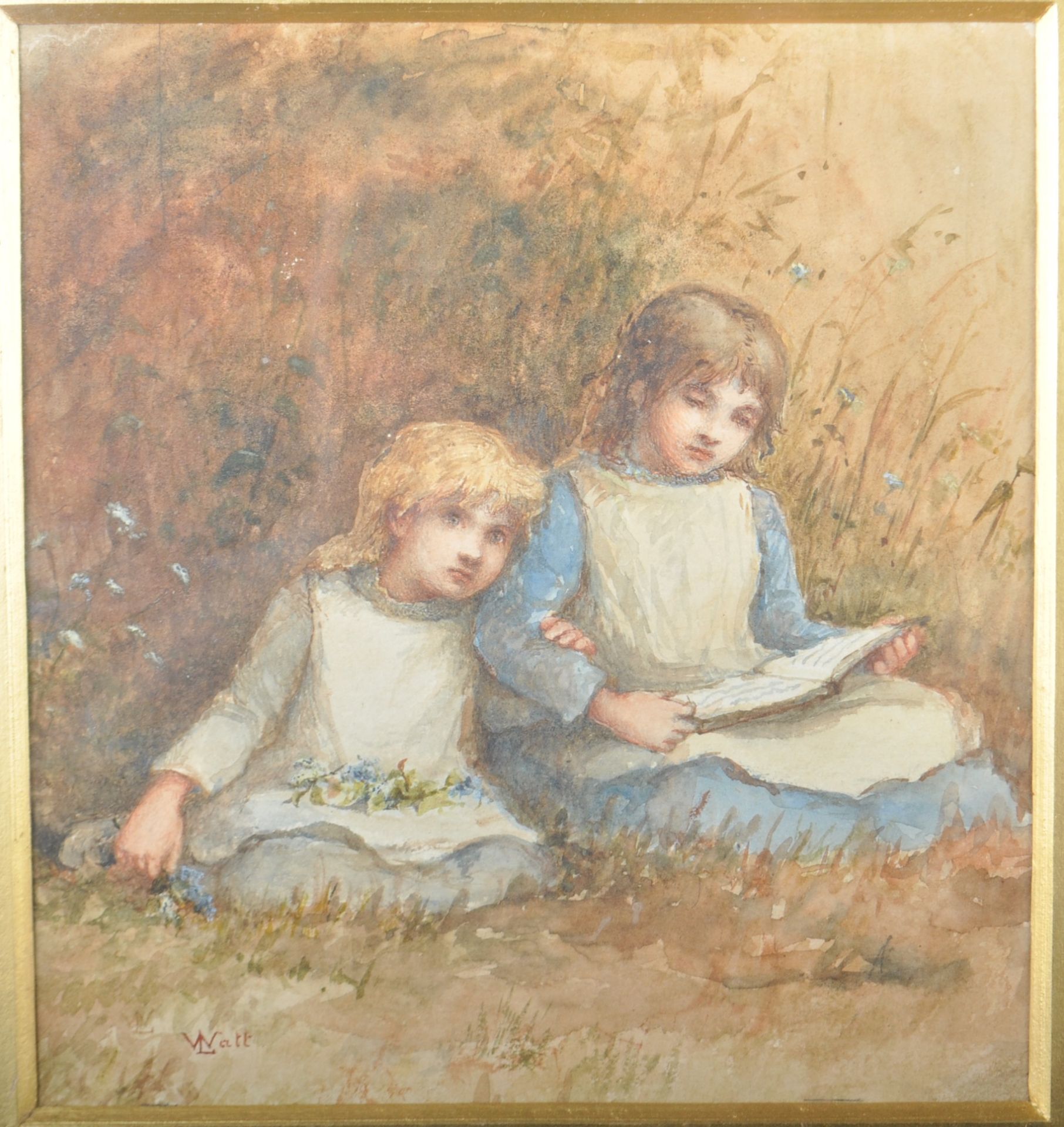 LINNIE WATT TWO CHILDREN READING WATERCOLOUR - Image 2 of 4