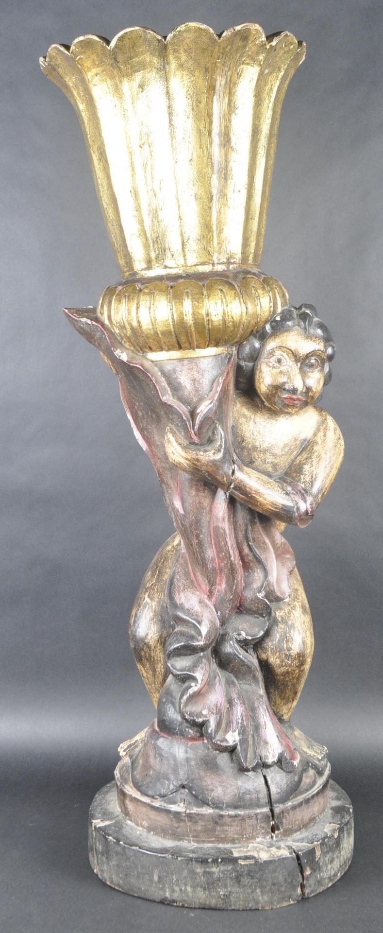 HAND CARVED WOODEN STATUE CHERUB STATUE / TORCHIERE