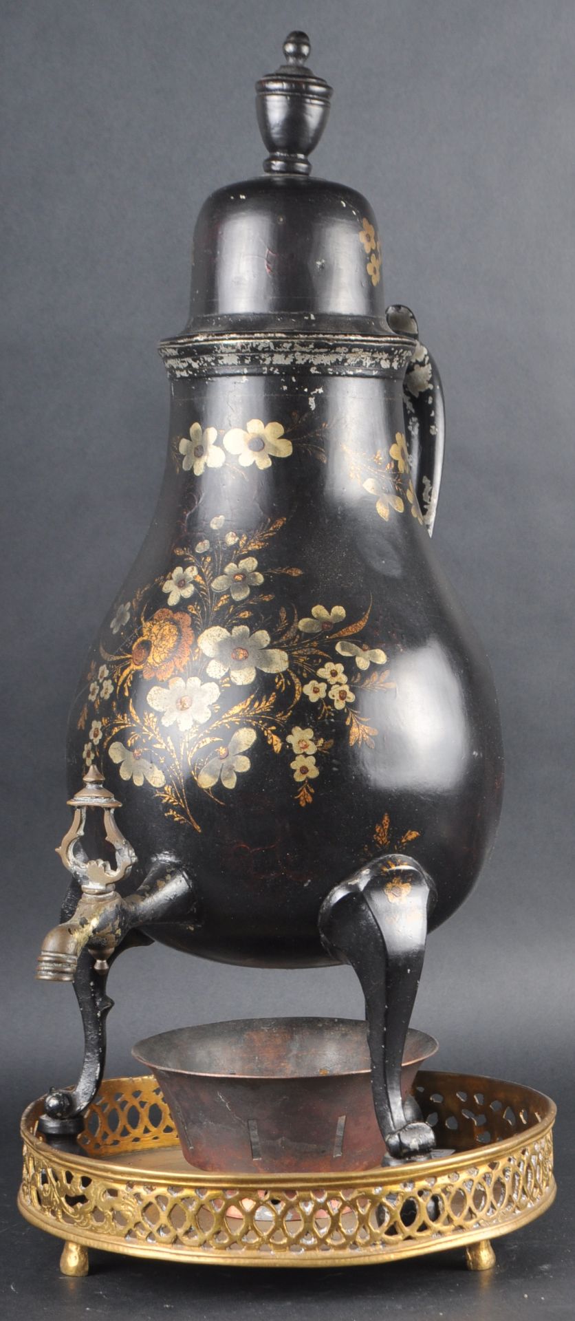 19TH CENTURY BLACK LACQUERED COFFEE POT ON STAND