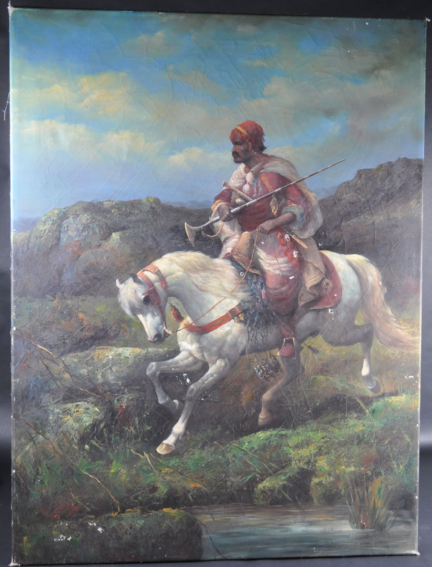 19TH CENTURY OIL ON CANVAS PAINTING OF EASTERN WARRIOR