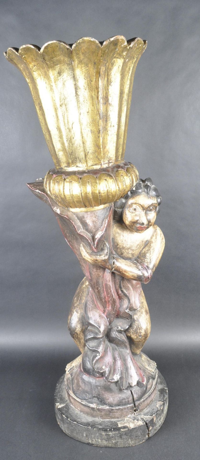 HAND CARVED WOODEN STATUE CHERUB STATUE / TORCHIERE - Image 2 of 6