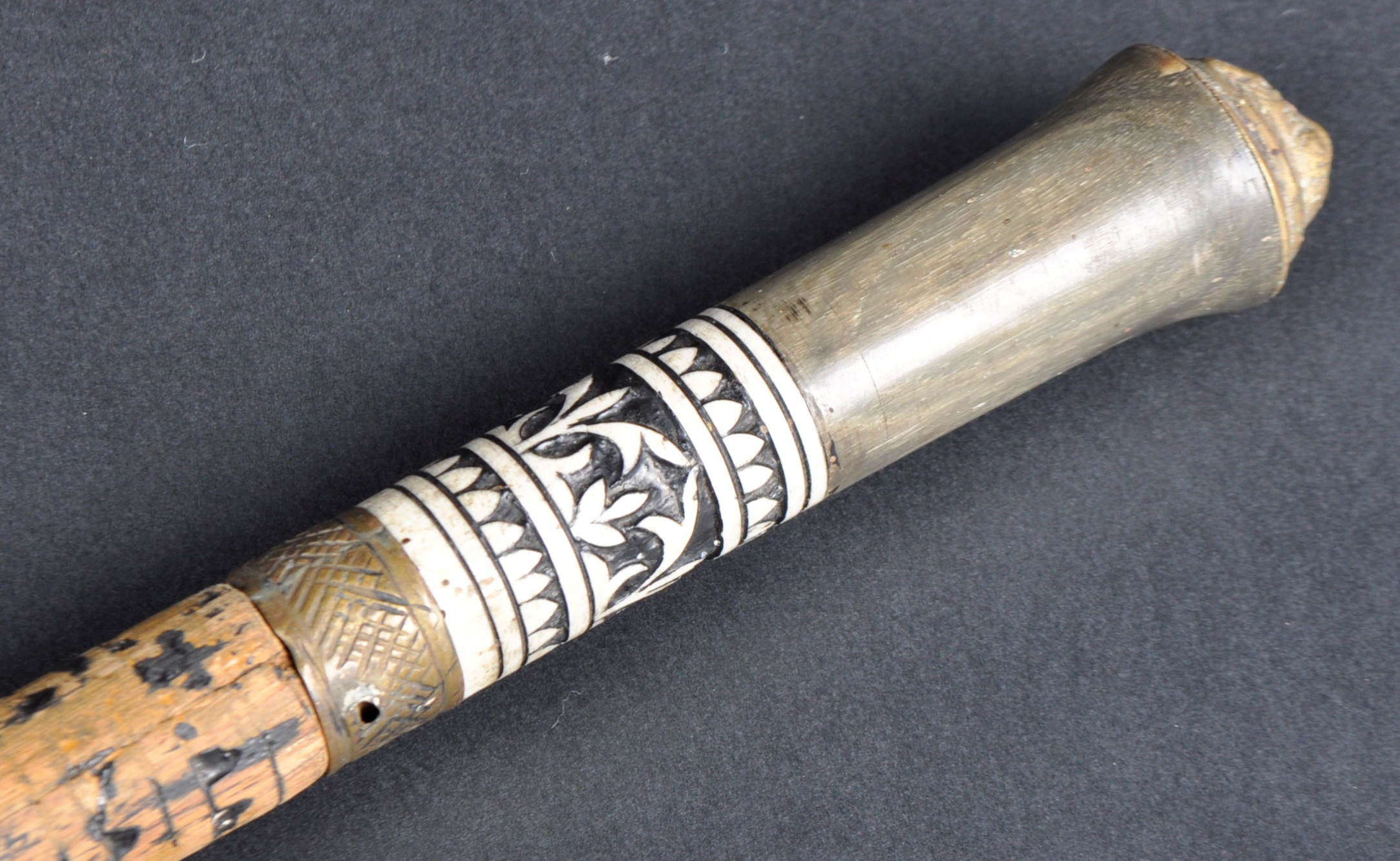 19TH CENTURY INDIAN HORN, BONE & BRASS SWORDSTICK - Image 2 of 5