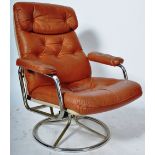 PIEFF - 1970'S TAN LEATHER AND CHROME RECLINING SWIVEL CHAIR