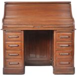 EARLY 20TH CENTURY MAHOGANY TWIN PEDESTAL ROLL TOP DESK