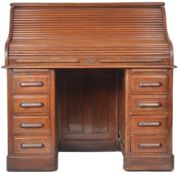 EARLY 20TH CENTURY MAHOGANY TWIN PEDESTAL ROLL TOP DESK